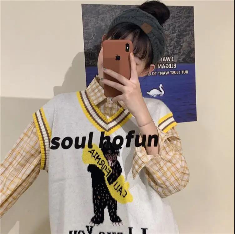 Áo Gile New Girl Student Loose College Knit Pullover V-neck Vest Women