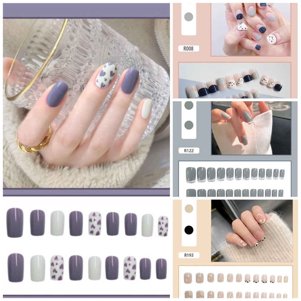 Set móng tay giả 24pcs đính đá hoa dáng vuông tròn kèm keo dán Nails box