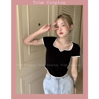 Áo Thun Croptop Tay Ngắn Phối Viền Cổ Chữ V 2 Màu Đen Trắng , Áo Croptop Phong Cách Hàn Quốc
