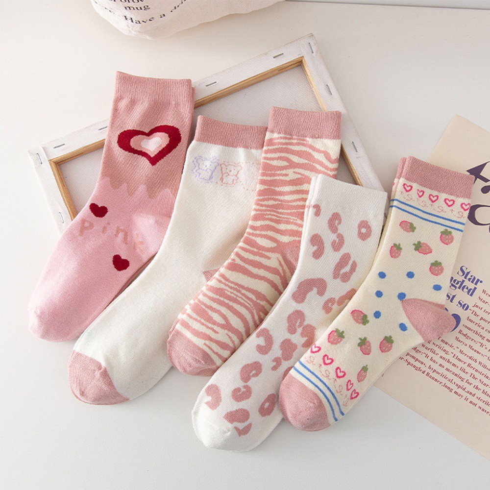 Đôi tất cotton thoáng khí in họa tiết da báo / dâu tây dễ thương thời trang mùa hè cho nữ