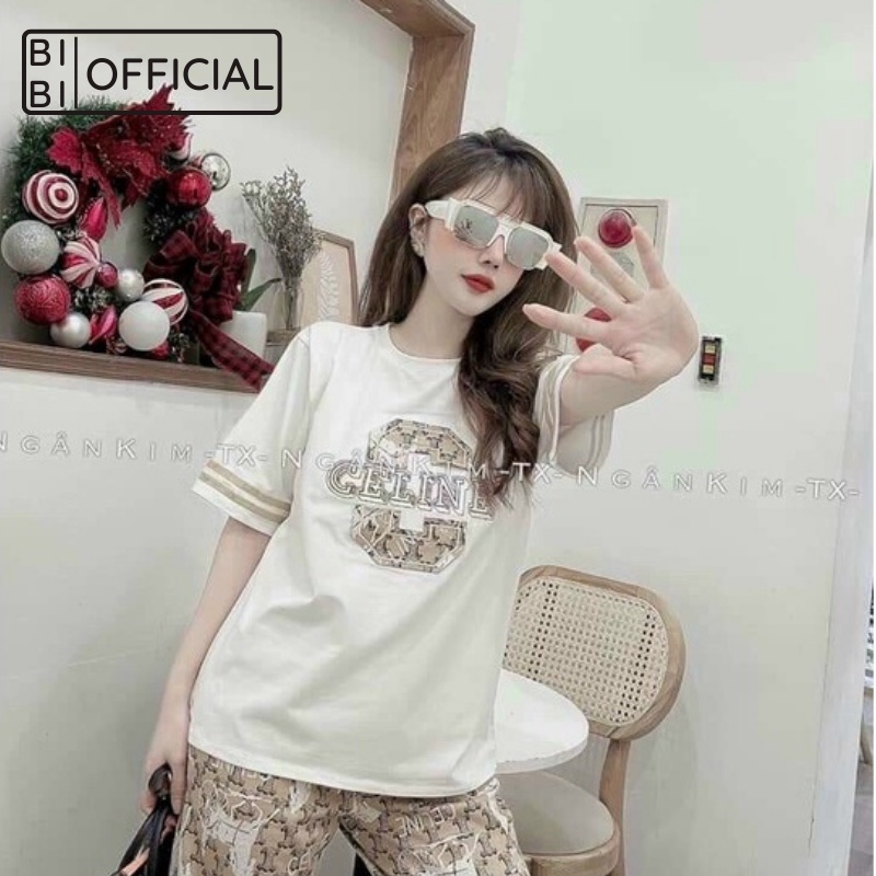 Đồ Bộ Thun Nữ BIBIOFFICIAL Quần Dài In Họa TIết Con Ngựa Da Phối Áo Thun Tay Ngắn Form Rộng Thêu 45-65kg
