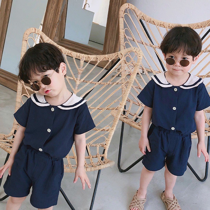 Set hải quân vải lanh cotton cho bé trai và bé gái - Hàng Quảng Châu Cao Cấp