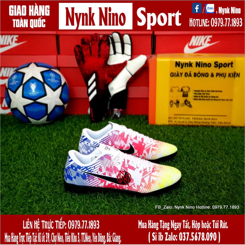 Giày Bóng Đá Mercurial Vapor 13 Neymar Nõn Chuối Đỏ Xanh Biển Vạch Đen TF