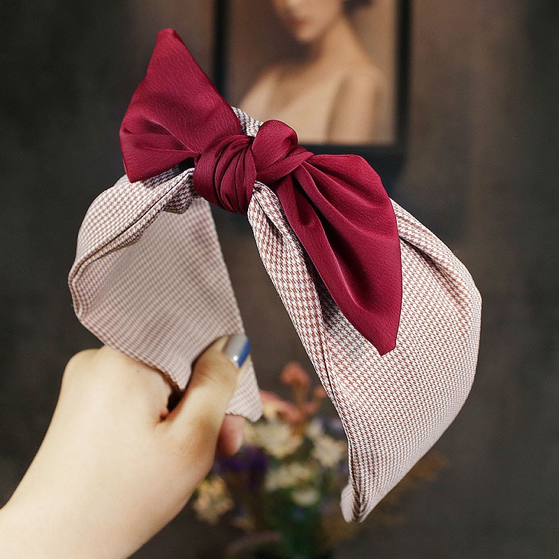 Cài tóc bản rộng thắt nơ họa tiết sọc caro phong cách hàn quốc thời trang thanh lịch cho nữ