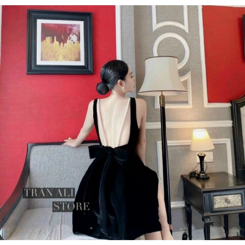 [SIÊU PHẨM]ĐẦM NHUNG HẠT NGỌC NƠ LƯNG CÓ MÚT NGỰC 2 màu đen và đỏ YLTV8121