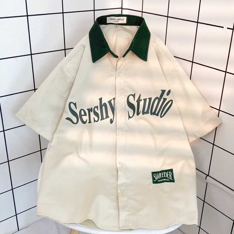 Áo sơmi tay lỡ unisex SERSHY màu XANH LÁ/KEM Nam nữ unisex  Áo Sơ Mi form rộng style Ulzzang