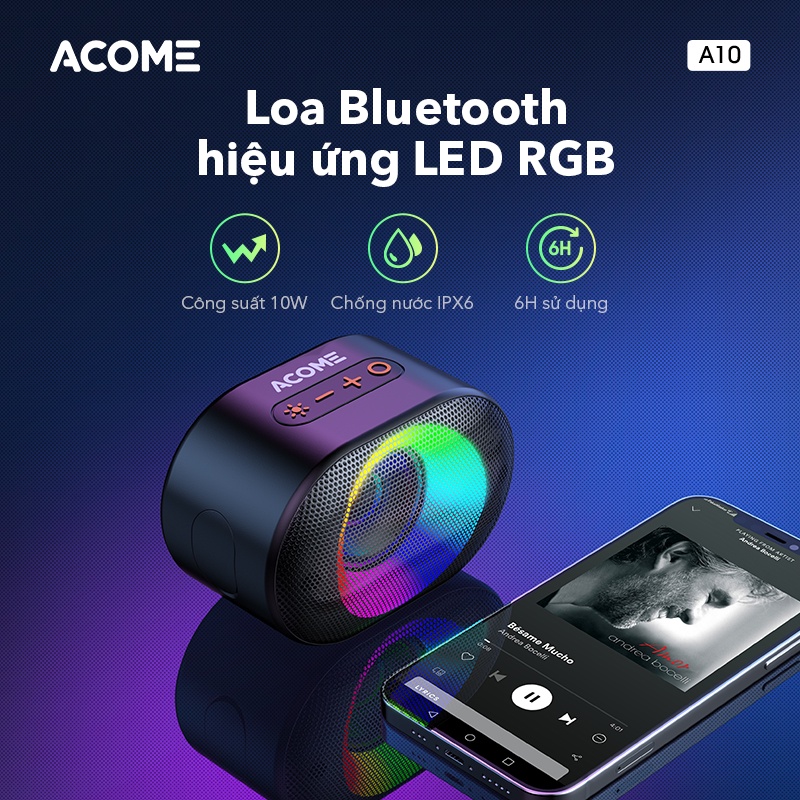 Loa Bluetooth ACOME A10 Hiệu Ứng LED Công Suất 10W Phát Nhạc 6H Chống Nước IPX6 Công Nghệ TWS Chất Lượng Cao