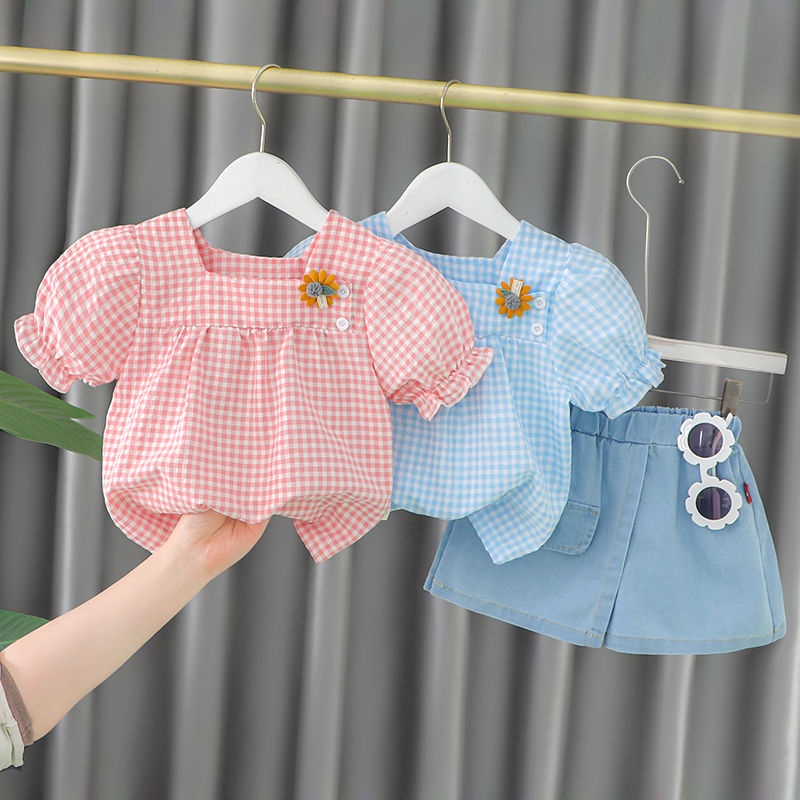 Bộ Đồ Trẻ Em Mùa Hè♥Bộ Áo Tay Phồng Ngắn Phối Chân Váy Denim Ngắn In Hoa Đơn Giản Thời Trang Mùa Hè Cho Bé Gái 1 Tuổi