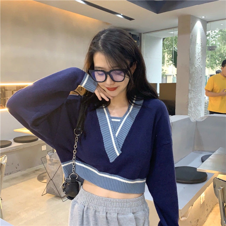 Áo Len Cổ Chữ V Màu Tương Phản Thời Trang Mùa Thu Cho Nữ