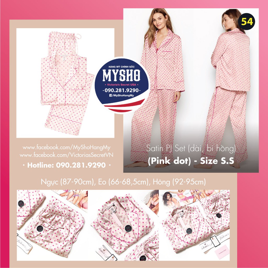 (Size S - Bill Mỹ) - Bộ đồ ngủ dài (54) chấm bi hồng siêu xinh, vải Satin mền mịn, Pink Dot -  Mỹ