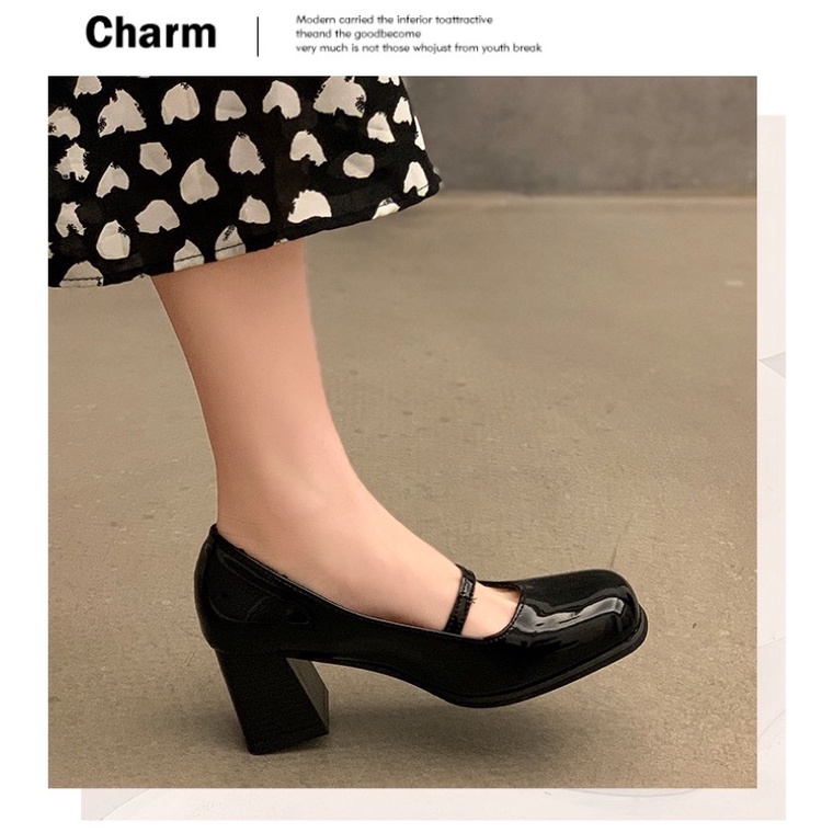 Giày búp bê mũi vuông da bóng gót cao 7cm