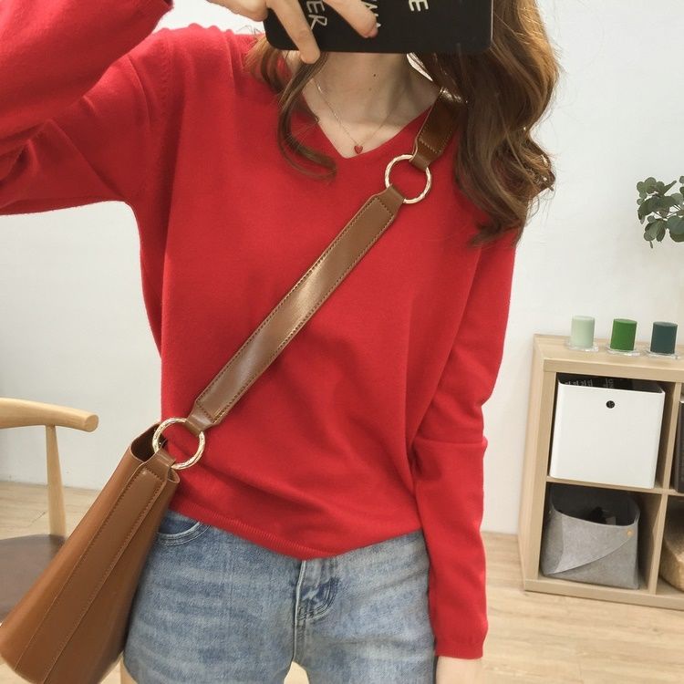 Áo Sweater Cổ V Dáng Rộng Màu Sắc Đơn Giản Thời Trang Xuân Thu Cho Nữ