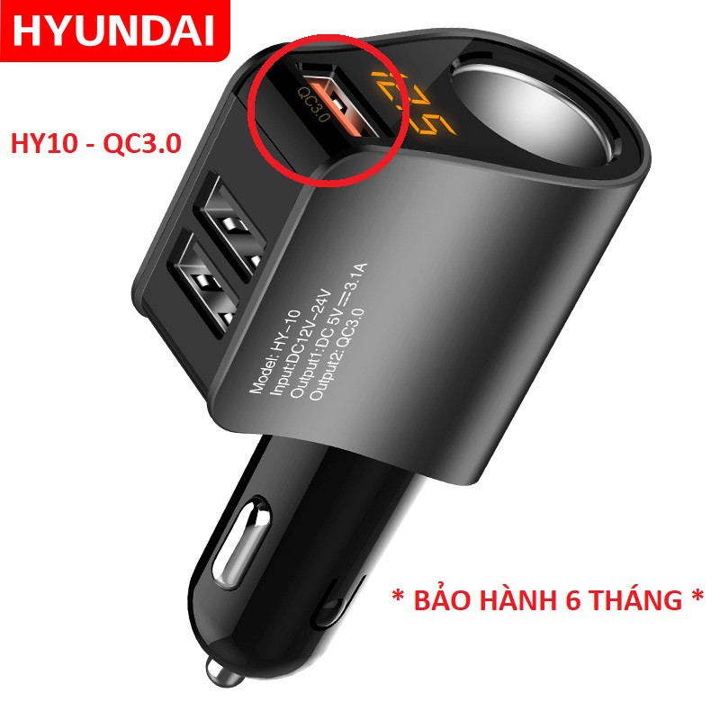 Tẩu sạc ô tô, tẩu sạc nhanh QC3.0 với 3 cổng USB, HUYNDAI HY-10