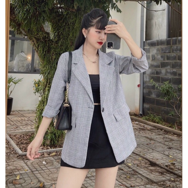 Áo khoác Vest Blazer caro nâu xám 1 lớp túi nắp (ảnh thật)