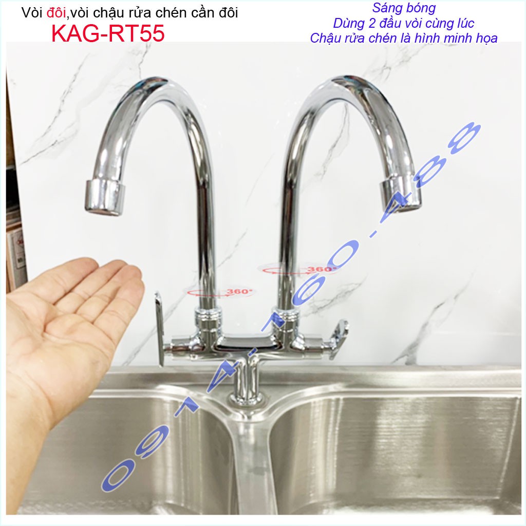 Vòi rửa chén đôi KAG-RT55, vòi chậu 2 hộc, vòi rửa chén bát lạnh 2 đầu vòi nước mạnh sử dụng tốt