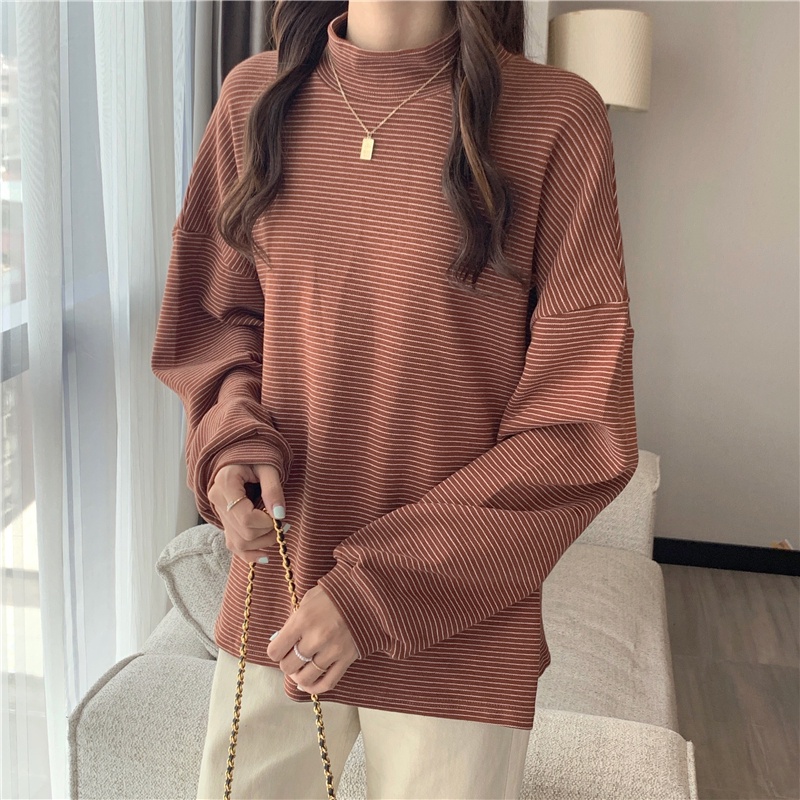 SUXI Áo Thun Tay Dài Cổ Lọ Hoạ Tiết Kẻ Sọc Thiết Kế Dáng Rộng Thoải Mái