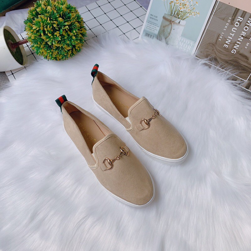 Bán sỉ Giày slip on nữ da lộn gót kẻ Tag khoá 2 màu hot hit -Ảnh thật