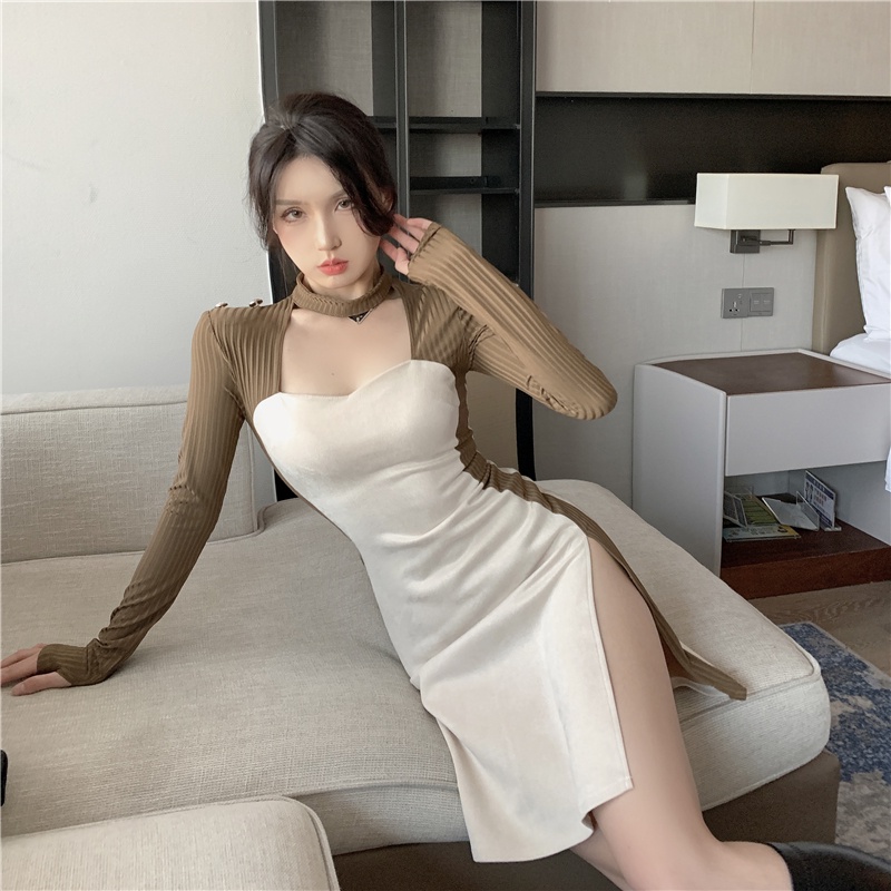 Đầm tay dài xẻ tà màu sắc thời trang thu đông phong cách Trung Quốc