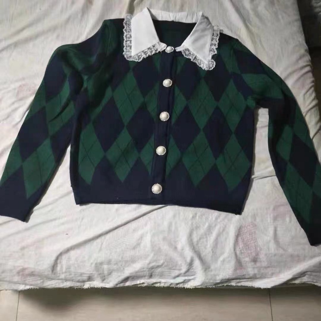 Áo khoác cardigan dệt kim tay dài cổ búp bê phối ren họa tiết sọc ca rô phong cách Rose Blackpink hàn quốc cho nữ | BigBuy360 - bigbuy360.vn