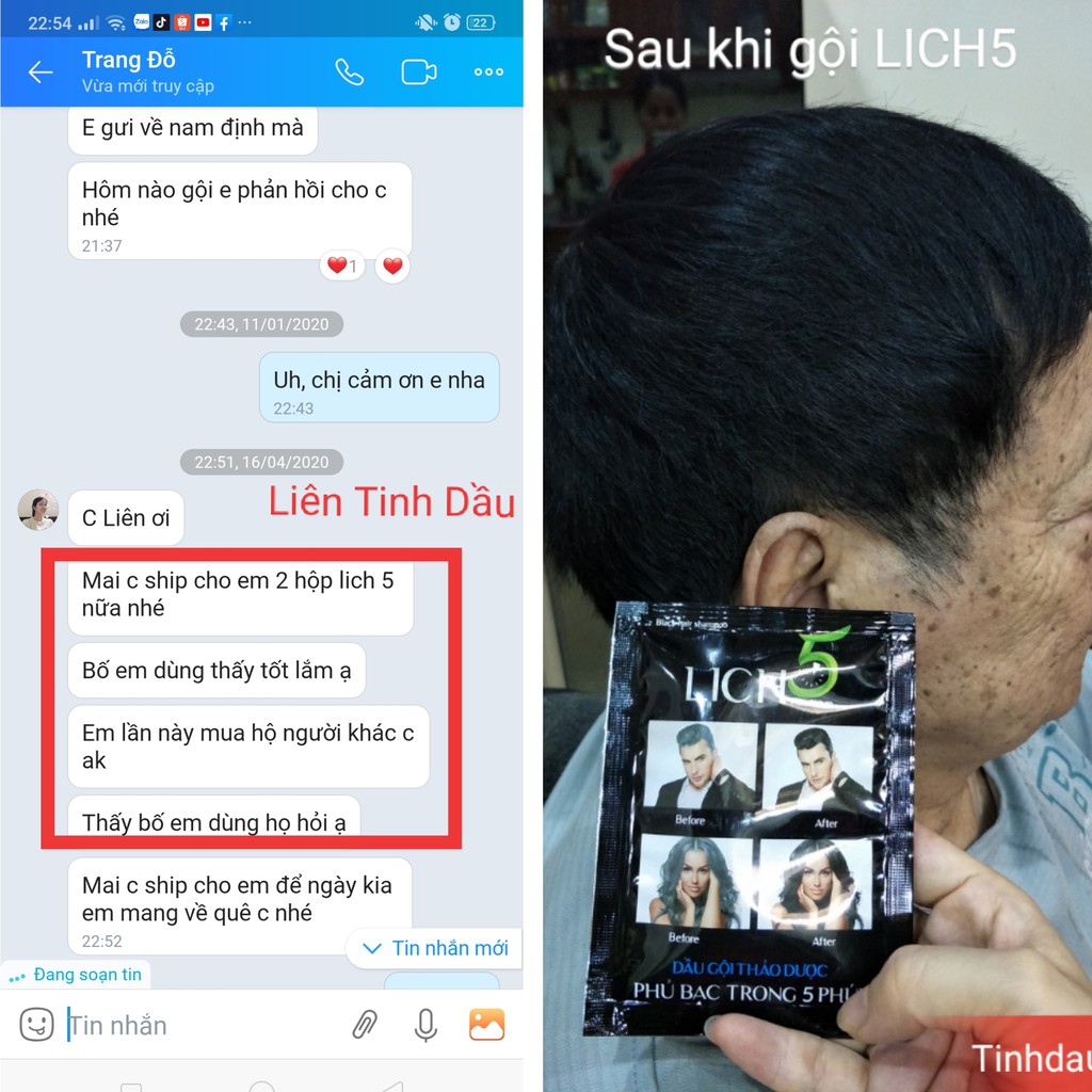 Dầu gội Phủ bạc Lich5 (hộp 10 gói). Gội là đen ngay tại nhà. Không ngứa, mượt tóc, mùi thơm dễ chịu Tinh Dầu 100 Shop