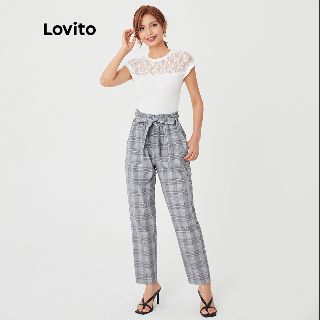 Áo thun Lovito kẻ sọc phối ren tương phản phong cách thanh lịch L27ED085 (màu trắng)