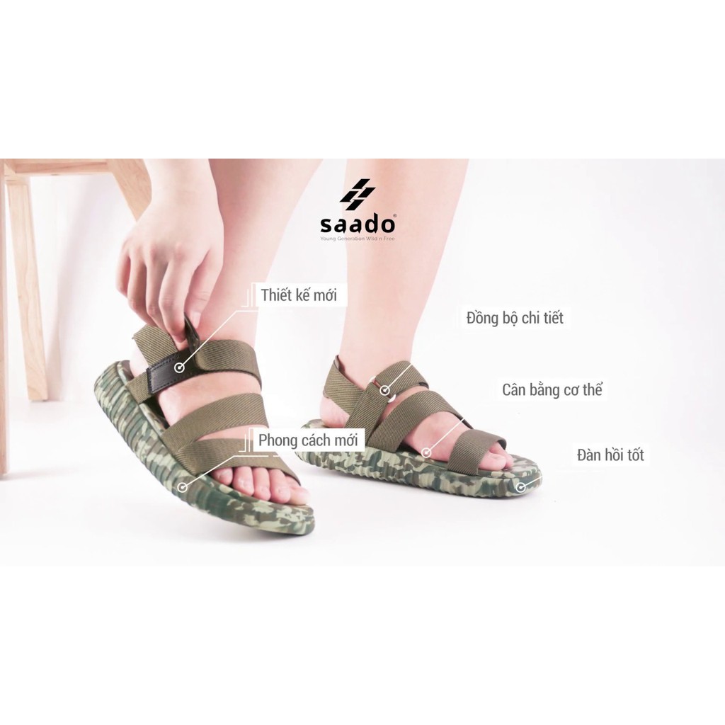 Dép sandal nam nữ SAADO camo xanh rêu đi học, đi chơi [HÀNG CHÍNH HÃNG]