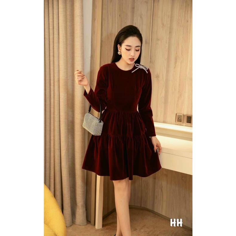 Váy nhung tiểu thư, váy nhung đỏ hàng thiết kế phối nơ sang đẹp tay bồng diện đi chơi nhứt nách | BigBuy360 - bigbuy360.vn
