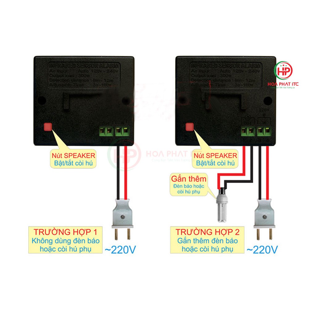 Báo động hồng ngoại 6 kiểu chuông DC-113A dùng điện 220V, hỗ trợ còi hú phụ và đèn