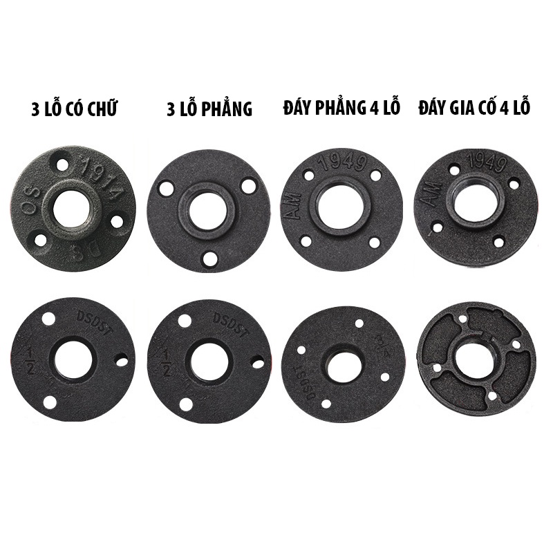 Mặt bích ống nước trang trí - loại 3 và 4 lỗ chất lượng cao cho ống kẽm phi 21 - 27 - 34 - 42