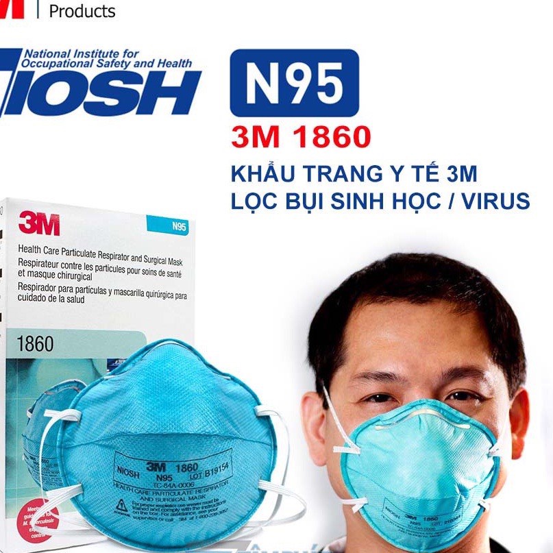Hộp 20 cái Khẩu trang 3M 1860 chính hãng, đạt chuẩn FDA N95, đeo qua gáy, ngăn vi kh.uẩn, bụi mịn