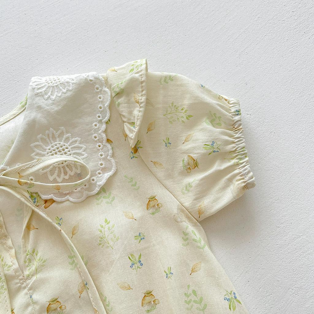 Bộ Áo Liền Quần Ngắn Tay Cổ Búp Bê In Hình Thỏ Dễ Thương Thời Trang Mùa Hè Cho