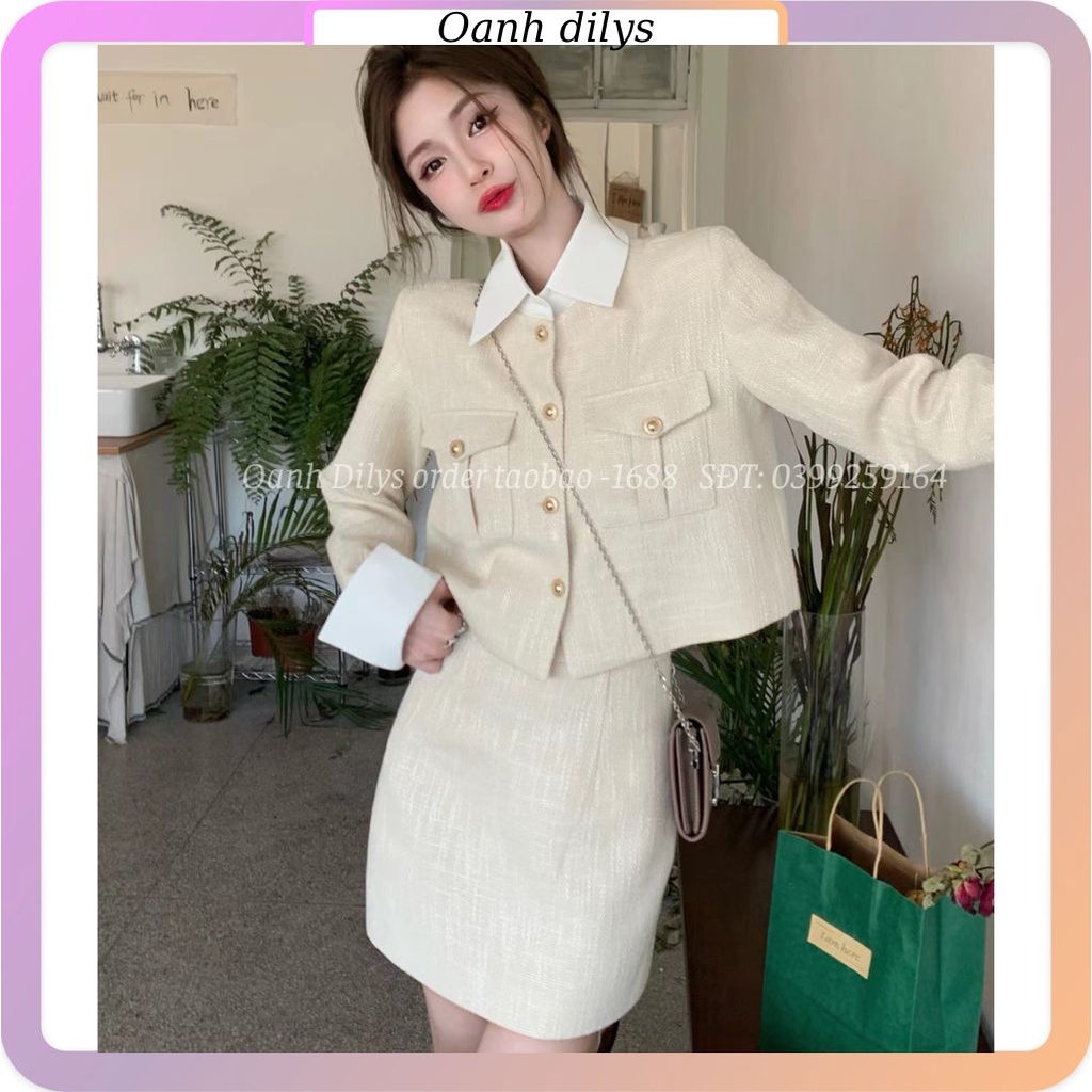 Sét áo khoác dạ + chân váy chữ A, Sét váy nữa mùa thu đông màu be hàng order Taobao nhà Oanhdilys