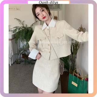 Sét áo khoác dạ + chân váy chữ A, Sét váy nữa mùa thu đông màu be hàng order Taobao nhà Oanhdilys
