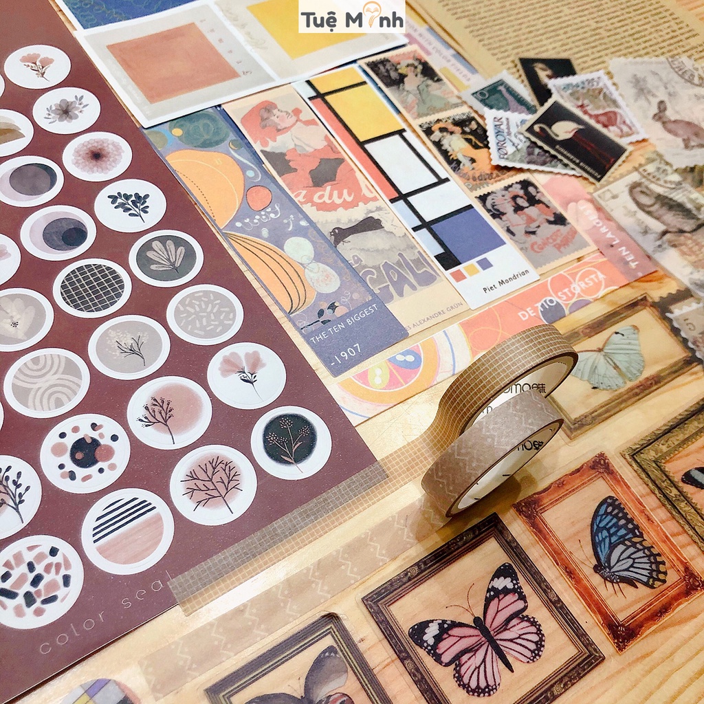 Set full phụ kiện trang trí Bullet journal phong cách Aesthetic Luv109, gồm bộ sticker, washi tape Tuệ Minh
