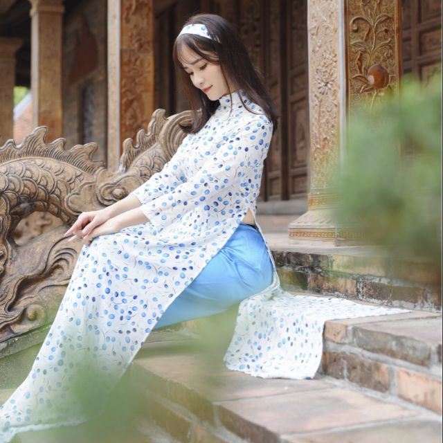 ÁO DÀI TẰM HOA NHÍ XANH KÈM TURBAN-100% ẢNH THẬT MẪU XỊN( ÁO RIÊNG QUẦN RIÊNG)