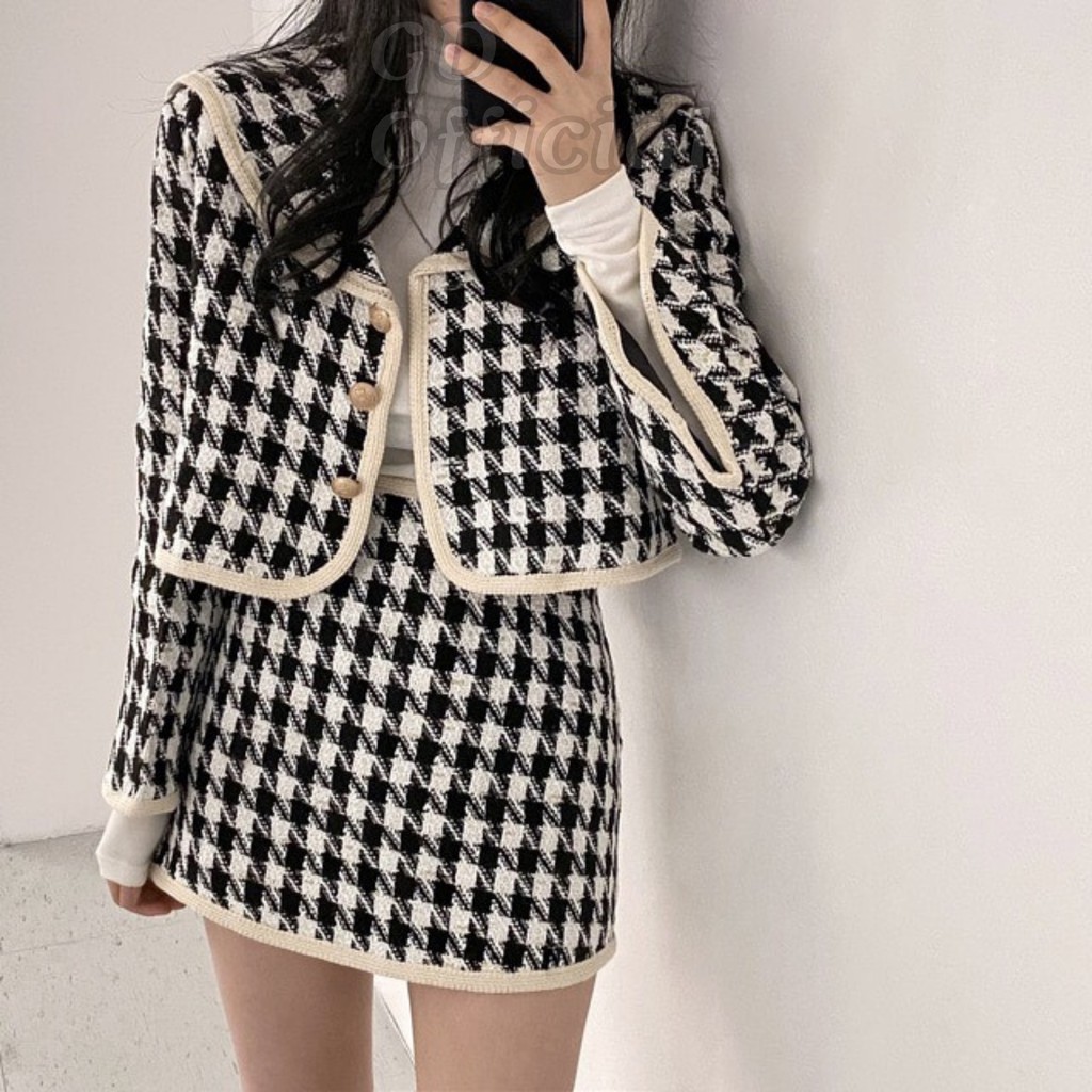 B21|Bộ set dạ tweed áo khoác crotop, chân váy ôm body sọc trắng đen gd_order