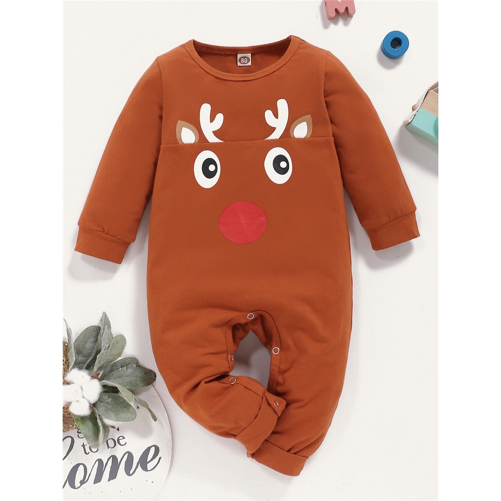 Bộ Áo Liền Quần Tay Dài In Hình Hươu Dễ Thương Cho Bé Trai Sơ Sinh