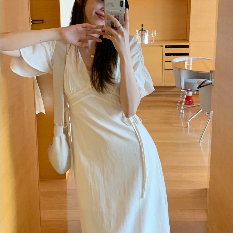 Đầm dáng dài Peppermint 42646 tay ngắn cổ chữ V phong cách Hàn Quốc thời trang cho nữ