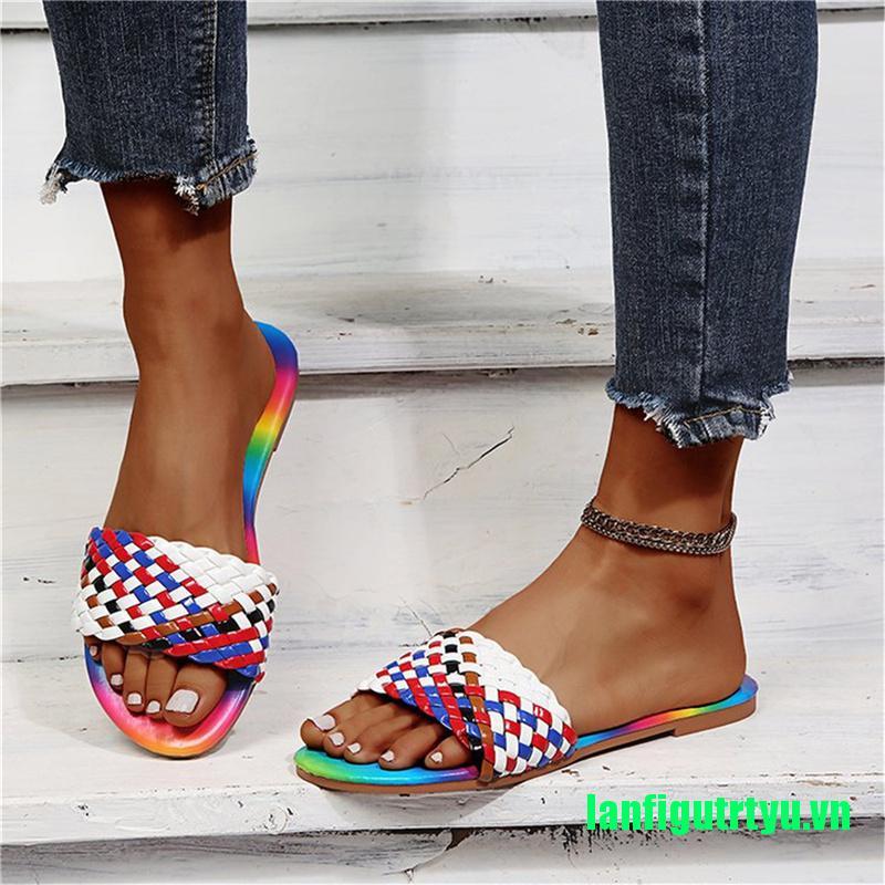 <trtyu>Women Multicolor Slippers Weave Flat Open Toe Slides Outside Beach Shoes