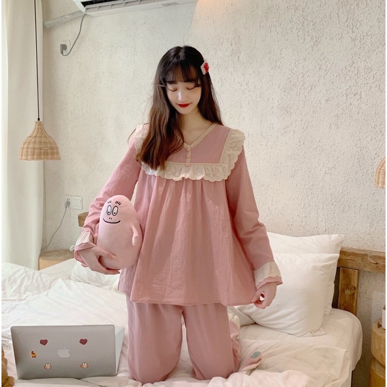 ĐỒ BỘ NỮ MẶC NHÀ tay dài cổ phối bèo viền ren tiểu thư Quảng Châu