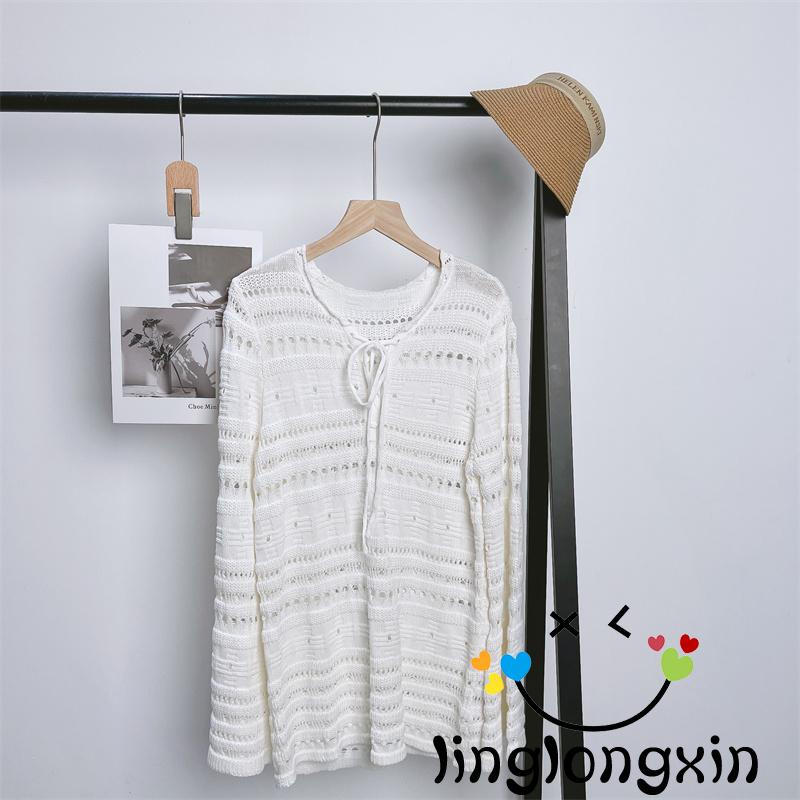 Áo Dệt Kim Tay Dài Cổ Tròn Thắt Dây Chéo Màu Trơn Phong Cách Vintage Dành Cho Nữ Linglongxi2-Y2K