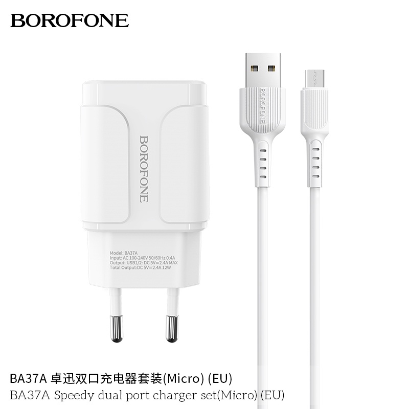 Bộ sạc cáp 2.4A BOROFONE BA37A gồm 2 cổng USB dây dài 1m - Chính hãng