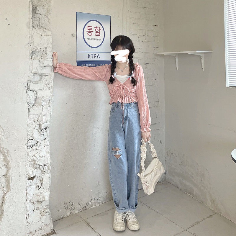 2022 new summer love hole pants design sense high waist thin section Korean version straight student all-match loose wide-leg pants