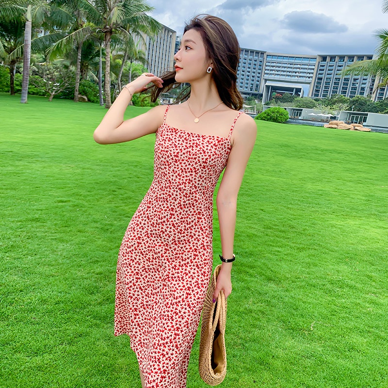 (ORDER) Váy hai dây hoa nhí màu đỏ dáng dài A-line thon eo điệu đà gợi cảm mùa hè đi biển