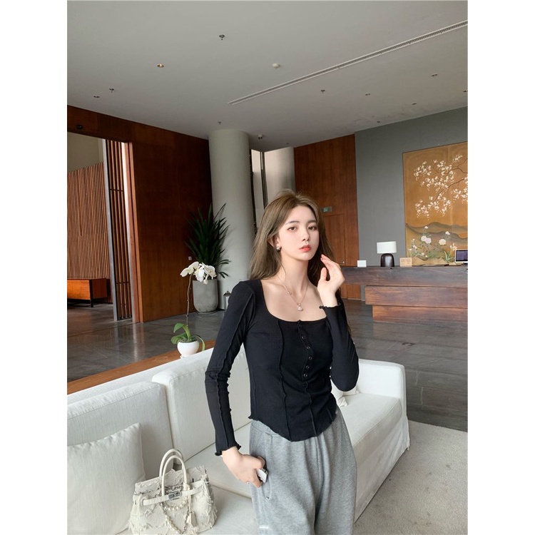 Áo thun tay dài cổ tròn màu sắc đơn giản