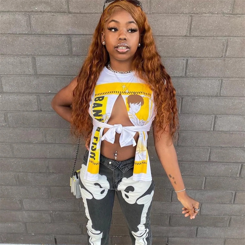 Áo Tank Top Sát Nách Cổ Tròn In Hình Anime Xẻ Tà Thắt Nơ Gợi Cảm Cho Bạn Gái