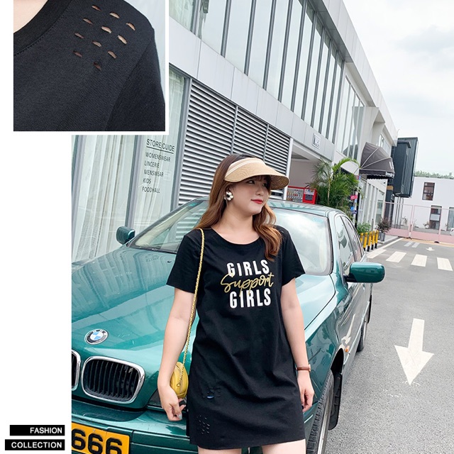Áo thun big size màu đen form dài rách in chữ size lớn 65-100kg