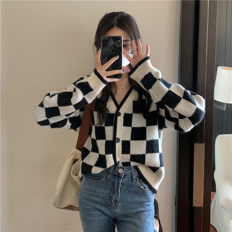 Áo khoác cardigan cổ chữ V dáng rộng thời trang Hàn Quốc