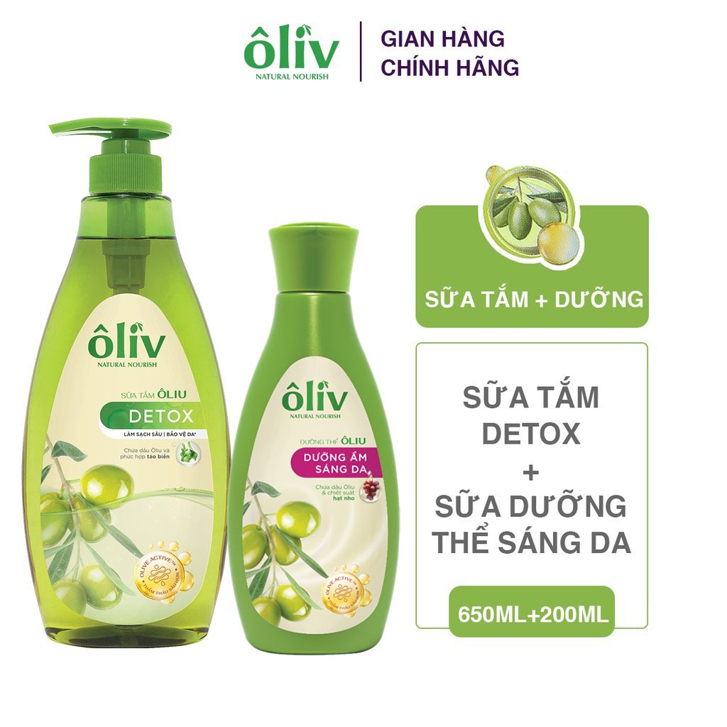 Combo Sữa Tắm Ôliv Detox 650ml + Sữa Dưỡng Ẩm Ôliv Sáng Da 200ml