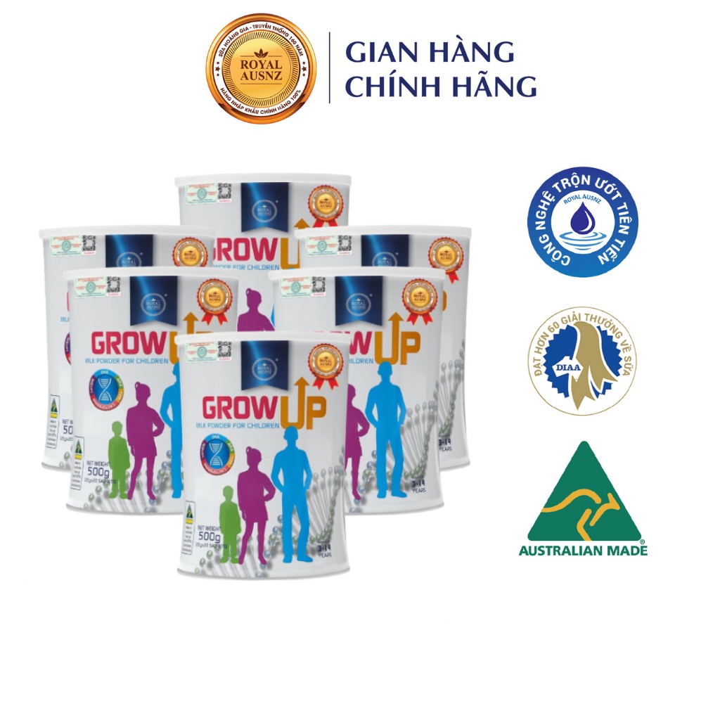 Combo 6 Hộp Sữa Hỗ Trợ Phát Triển Chiều Cao ROYAL AUSNZ Grow Up Milk Powder Cho Trẻ Từ 3-14 Tuổi 500g/Hộp